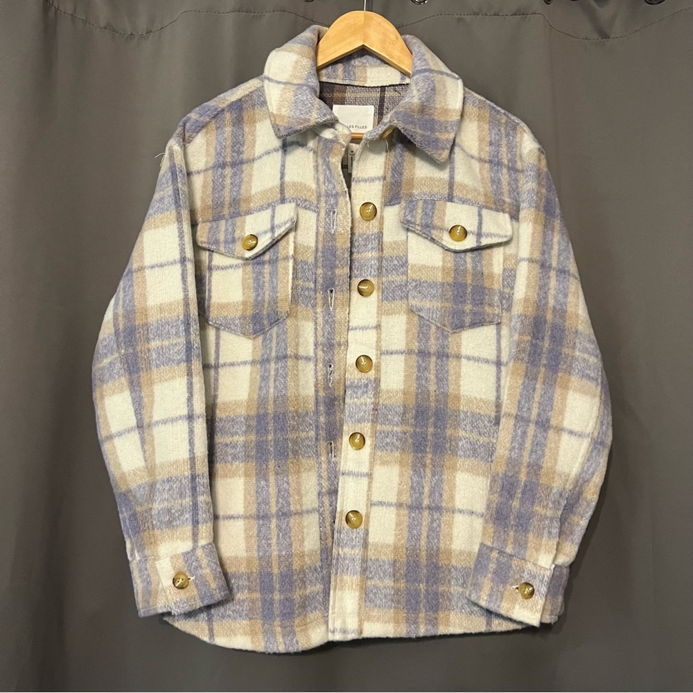 Avec Les Filles purple & tan boxy plaid button up shirt jacket